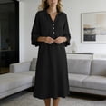 thumbnail image 6 of BUIGTTKLOP Cotton Linen Midi Dresses for Women 3/4 Sleeve Sundress Button up V Neck Loose Fitted Flowy Summer Dress, 6 of 6