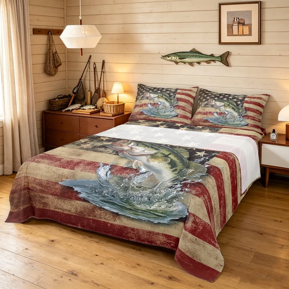 Manfei Vintage Bass Fish Bed Sheets, Rustic American Flag Full Size Sheets, Red Navy Beige, 4pcs, 1 Flat Sheet, 1 Fitted Sheet and 2 Pillowcases