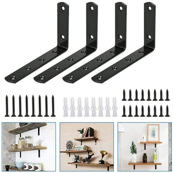BUZIFU 4Pcs Heavy Duty Shelf Brackets Metal Wall Brackets for Shelves Triangle Shelving Bracket Black Wrought Iron Wall Mounted Shelving Supporter Outdoor Decorative Corner Bracket with Screws, 5"x3"