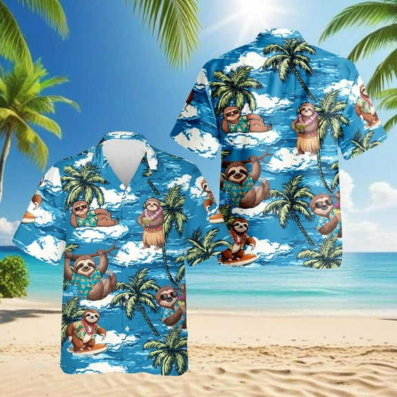 Sloth Ocean Hawaiian Shirt for Men, Button Down Summer Beach Short Sleeve, Tropical Style, Sizes S-5XL
