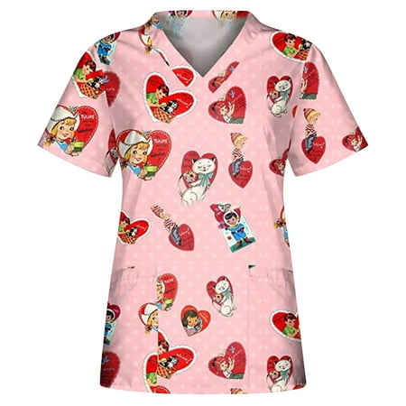 

Danhjin Womens Nursing Scrub Tops Printed Working Uniform Short Sleeve V-Neck Workwear Blouse T-shirt with Pockets Womens Scrubs - Summer Savings Clearance