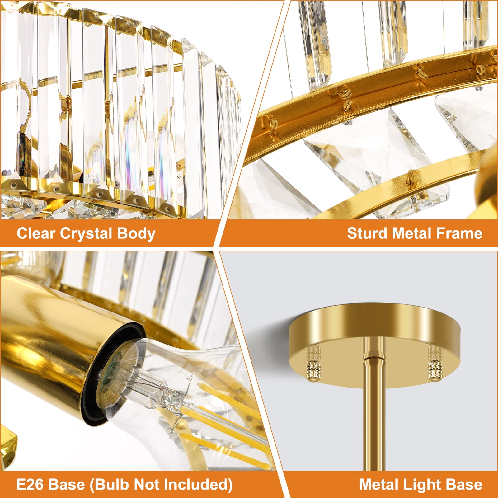 FRIDEKO HOME 14.5" Crystal Semi Flush Mount Ceiling Light Fixture, Modern Gold Drum Chandelier for Living Room Bedroom Kitchen Hallway Entryway, E26 Base, 4-Light (Bulbs not included)
