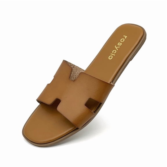 Women's Dressy Flat Sandals Comfortable Slip On Leather Non Slip Slide Classic Stylish Summer Beach Vacations Brown