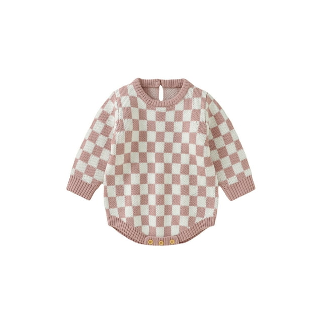 Faithtur Bébé Filles Garçons Barboteuse Damier Plaid Col Rond Manches Longues Tricot Pull Combinaisons Automne Hiver Bodys