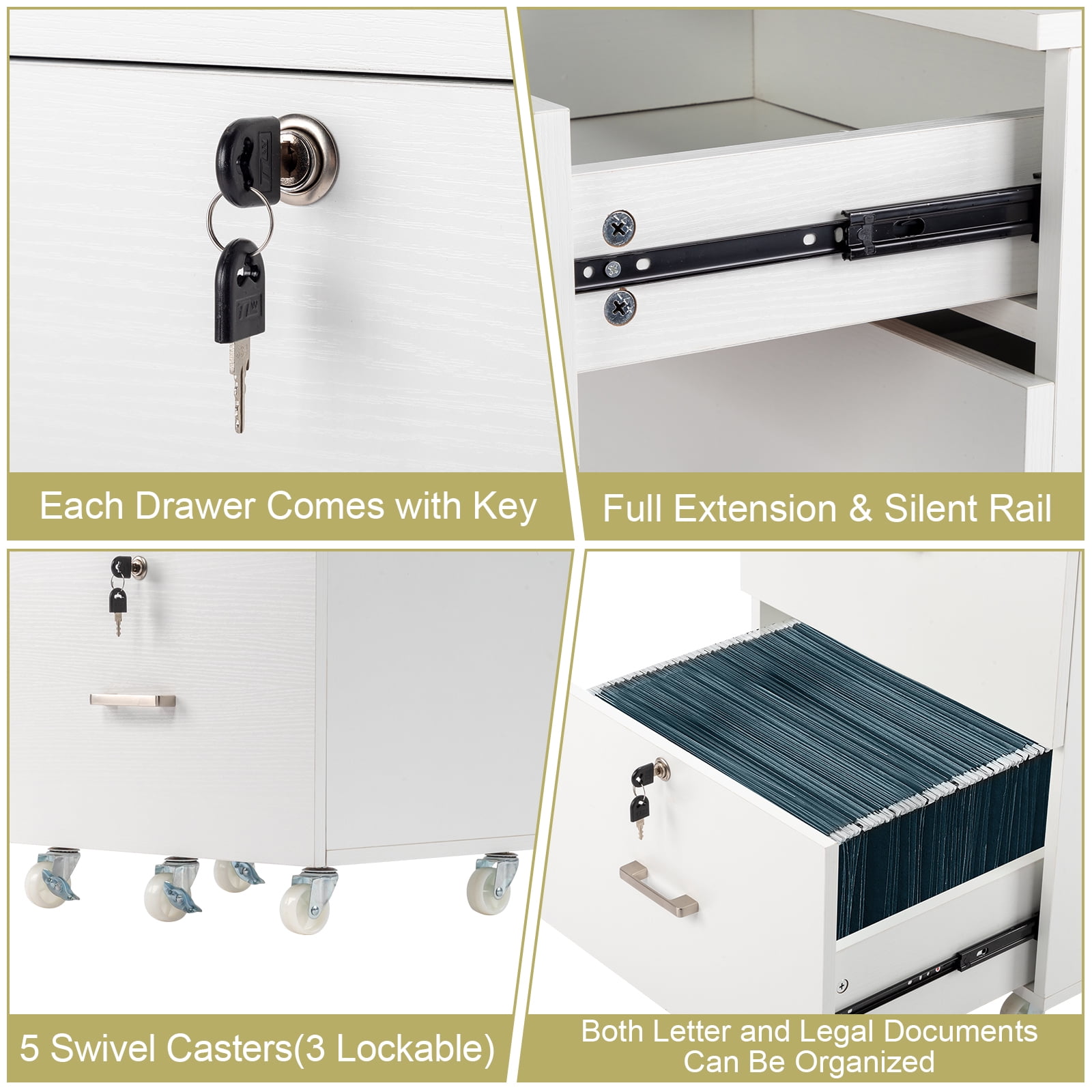 Ktaxon 3 Drawers File Cabinet Legal&Letter Size, with Pencil Drawers Mobile File Cabinet with Rollers, White