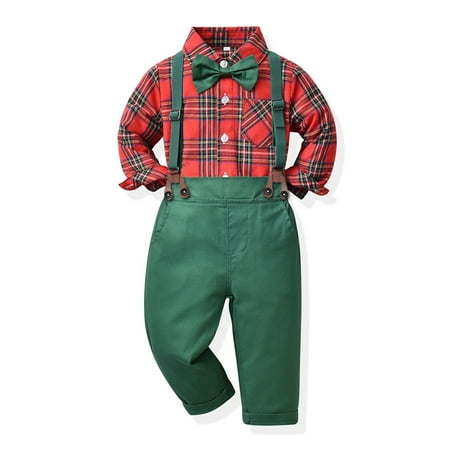 

Yubatuo Toddler Baby Boys Gentleman Bow Tie Solid T-Shirt Tops+Suspender Pants Outfits Green 130