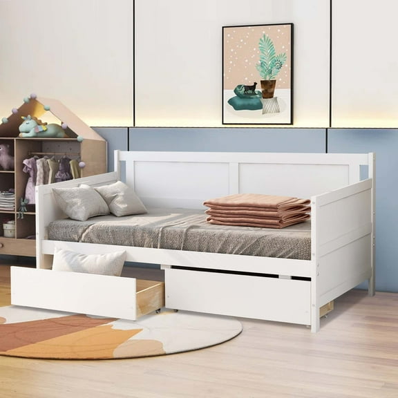 Aukfa Twin Daybed with Storage Drawers, Wooden Platform Bed - White