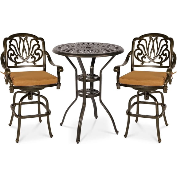MEETWARM 3-Piece Patio Swivel Bar Set, All-Weather Cast Aluminum Outdoor High Bar Stool Bistro Set for Garden Deck Backyard with 2 Cushions Bar Chairs with Footrest and 31" Bar Table