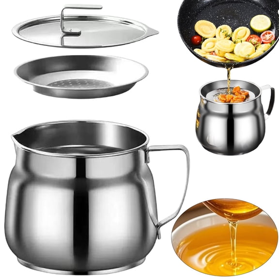 Stainless Steel Oil Filter Container, Heat‑Resistant Can with Built‑in Mesh Strainer Lid, for Used Frying Oil Filtering & Storage, Countertop Placement and Kitchen Stove‑Side Cooking Work