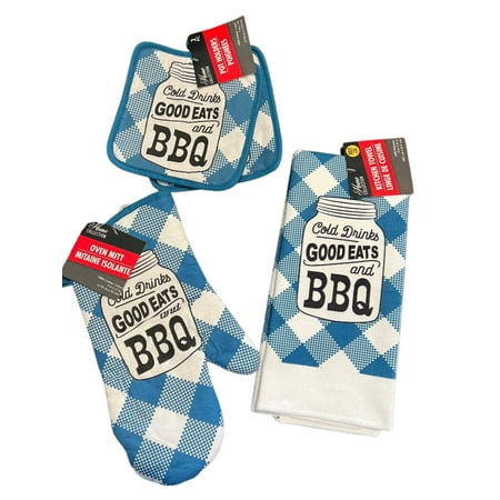 

Cold Drinks Good Eats and BBQ Spring Summer Mason Jar Kitchen Linen Set - Includes 1 Oven Mitt 2 Pot Holder and 1 Kitchen Towel C49