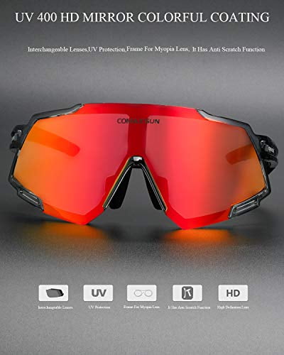 COMAXSUN Polarized Cycling Sunglasses with 5 Interchangeable Lenses for Men Women Anti-UV400 Bike Sports Glasses