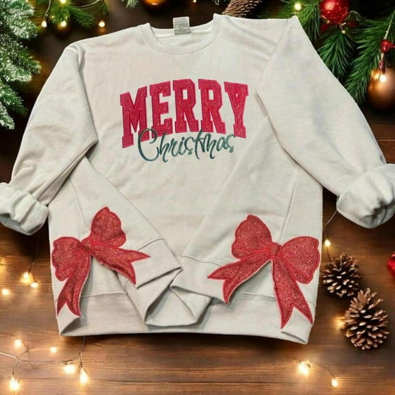 Side Bow Sweatshirt, Merry Christmas Embroidered Side Bow Sweatshirt, Side Bow Applique, Unisex Sweatshirt LINHKHA