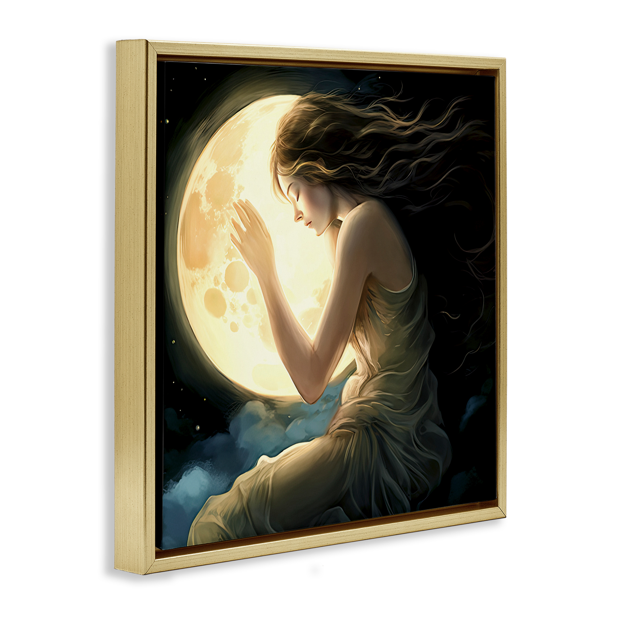 Ethereal Moon Love Gold Framed Floater Canvas Wall Art, design by Sasha