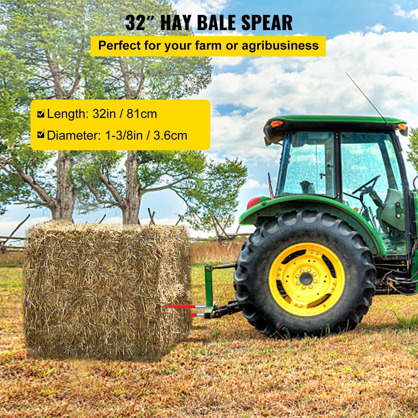 KFFKFF Hay Spear 32" Bale Spear 1350 lbs Capacity, Bale Spike Quick Attach Square Hay Spear Conus 1 3/8" Wide Coated Bale Forks with Hex Nut & Sleeve for Bobcat Tractors (Red)