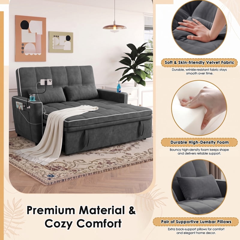 Anpport 54" 3‑in‑1 Convertible Sleeper Sofa Bed, Loveseat with White Trim, USB Charging Port, Phone Stand, 2 Cup Holders and 2 Pillows for Living Room, Bedroom and Apartment, Dark Gray