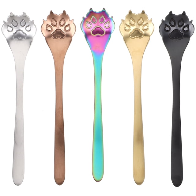GOOHOCHY Juego de 5 cucharas de acero inoxidable para revolver, creativas, con forma de pata de perro, para café, postre, vajilla para casa y restaurante (color natural, dorado, oro rosa, colorido y