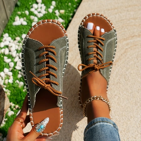 

Women s Denim Slide Sandals Casual Open Toe Flat Summer Shoes Lightweight Lace Up Slide Sandals