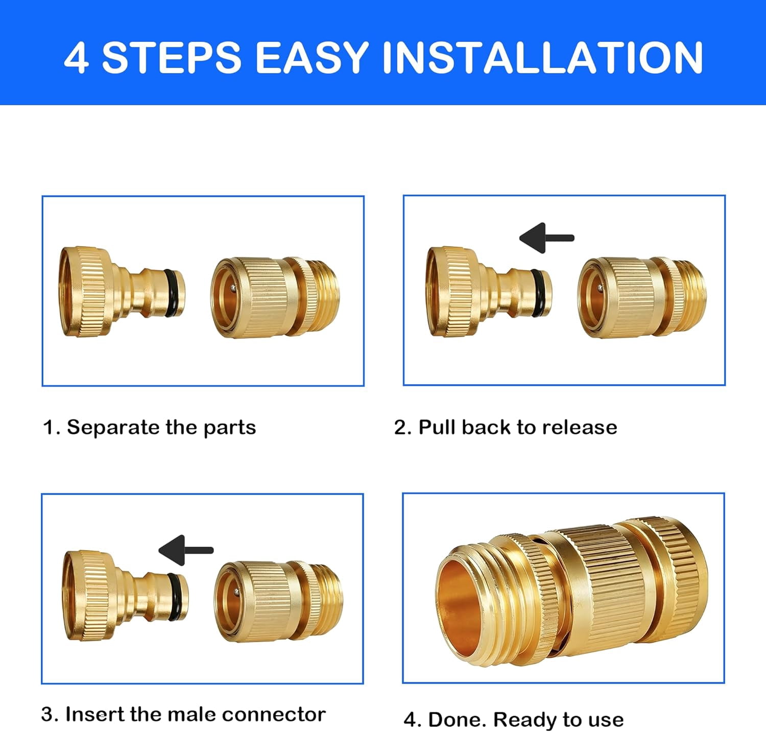 Garden Hose Quick Connect, 4 Set Solid Brass 3/4 Inch GHT Thread Garden Hose Quick Connect Fittings, No-Leak Male and Female Water Hose Quick Release Connectors