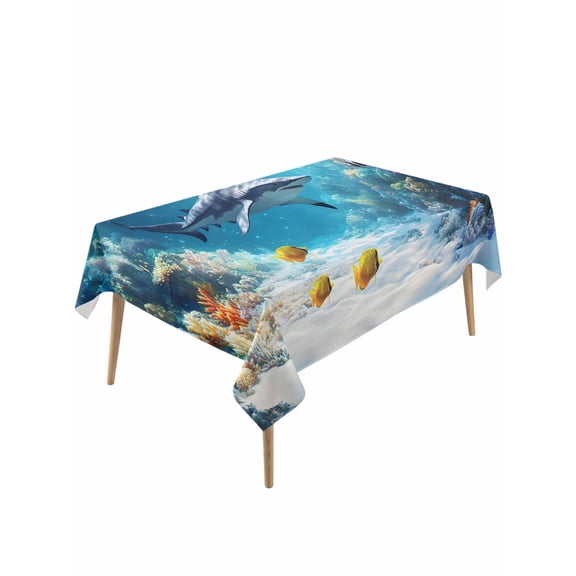 Shark Coastal Table Cloth, Summer Beach Coral Ocean Nautical Waterproof Tablecloth for Rectangle Tables, Reusable Washable Fabric Table Cover for Restaurant Kitchen Dining Tables 60"x120"