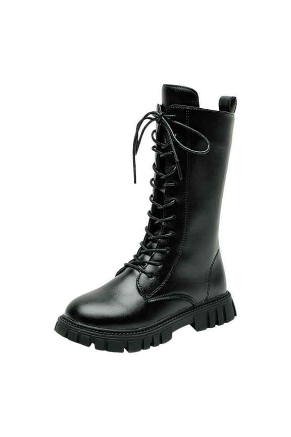 Girls Lace Up Riding Boots Fall Kids Mid Calf Combat Shoes PU Leather Side Zipper Cowboy Punk Cute Goth Boot Black for Size 13