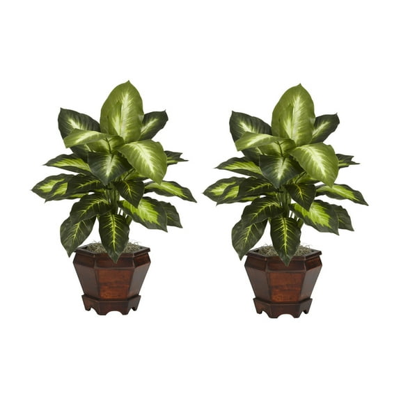 Nearly Natural 20.5in. Dieffenbachia with Wood Vase Artificial Plant (Set of 2), Green
