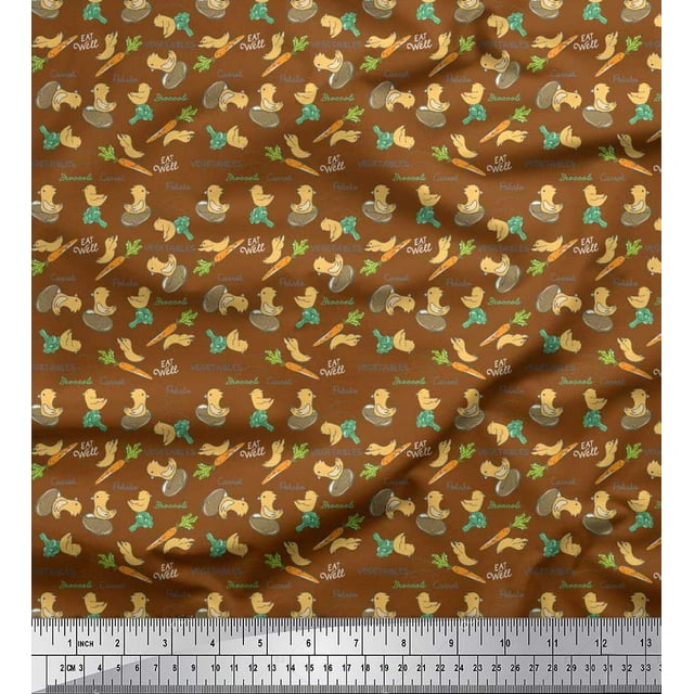 Soimoi Rayon Fabric Bird,Carrot & Potato Vegetable Printed Fabric 1 Yard 56 Inch Wide