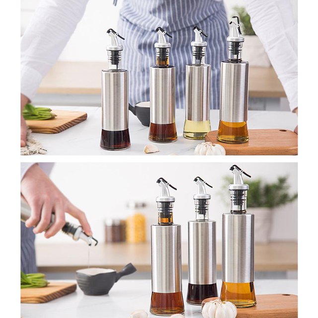 Botella de Aceite Dispensador de Vinagre de material acero Inoxidable Recipiente de Aceite Botella de Aceite a Prueba de 300 Ml BLESIY Botella de aceite de acero inoxidable
