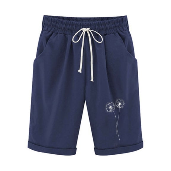 ABATAB Womes Linen Bermuda Shorts High Waisted Drawstring Fashion Print Casual Beach Knee Length Shorts with Pockets