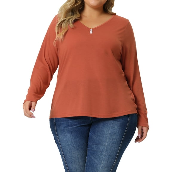 Agnes Orinda Women' s Plus Size Tshirt for Casual Tops Button Front Long Sleeve Tee Top 1X Orange