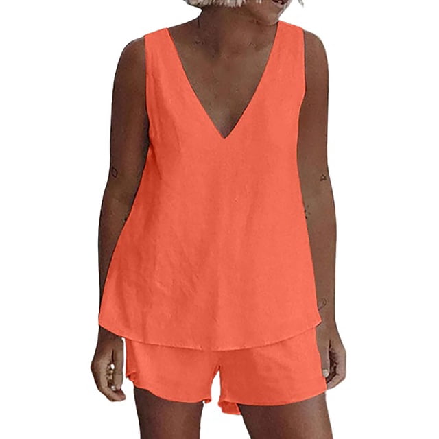 Mujeres Casual Verano Cuello en V Sólido Sin mangas Tops y pantalones cortos Conjunto de dos piezas Traje Wmkox8yi bvn1158