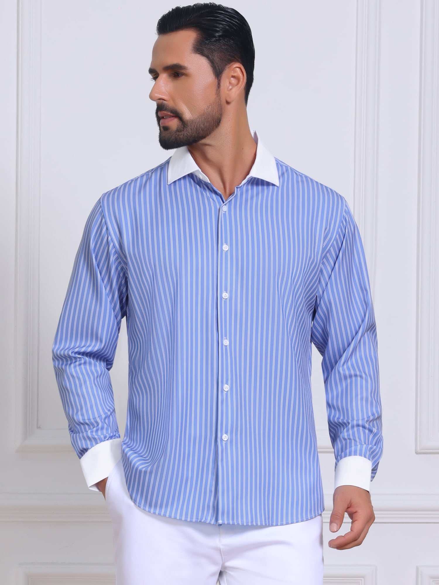 DARING DIVA Men's Striped Button Down Long Sleeve Stretch Shirts S Dark Blue