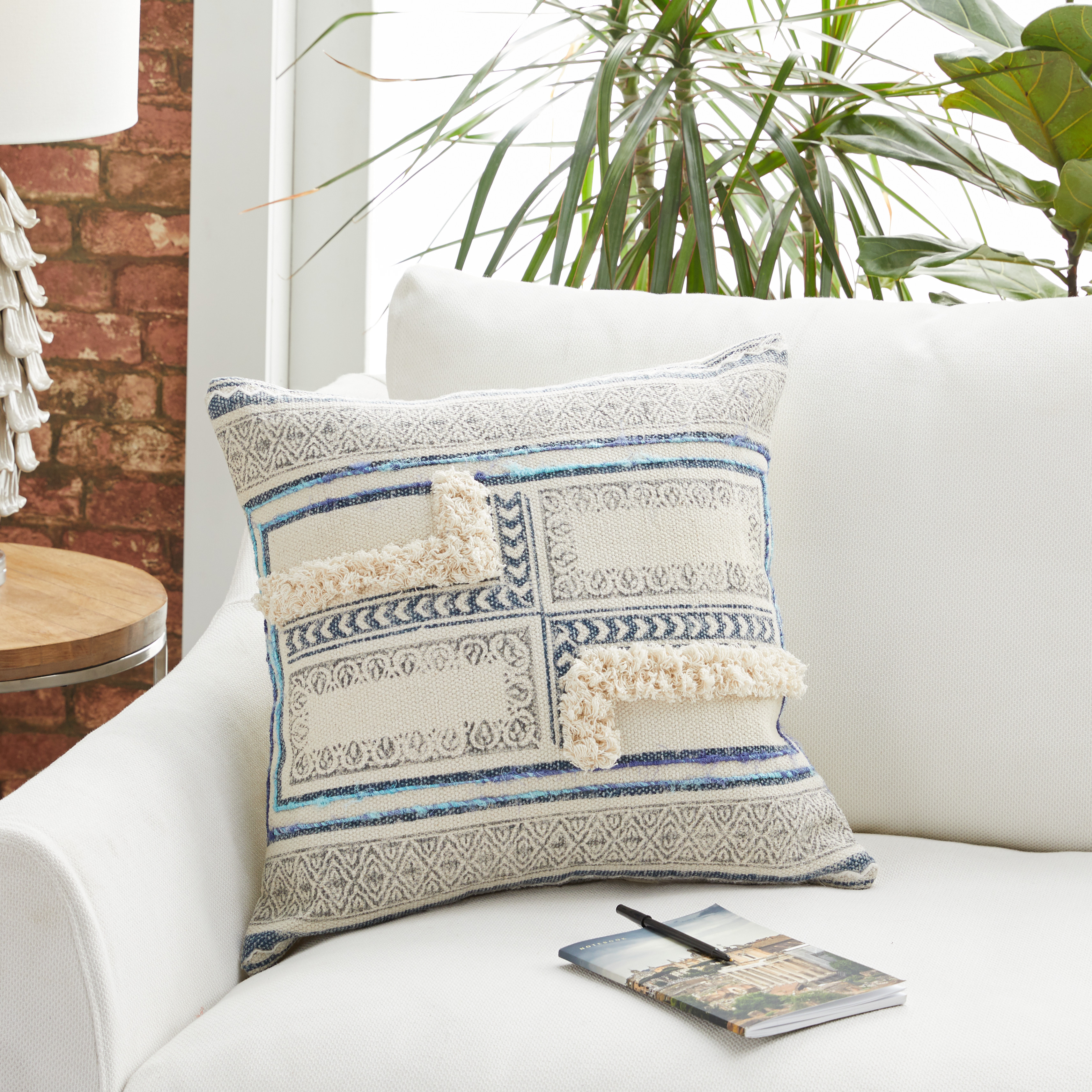 DecMode Beige and Blue Square Throw Pillow with Fringe and Boho Designs