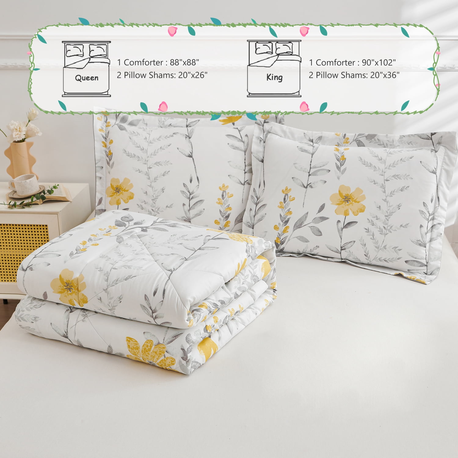 Jessy Home 3 Piece Comforter Set Queen Yellow Floral Quilt Microfiber Patchwork Bedspread