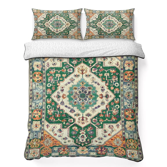 Queen Quilt Set 90''x96'', Green Orange Beige Boho Lightweight Bedspread Coverlet Set with 2 Pillow Shams, Retro Ethnic Tribal Abstract Art Breathable All Season Quilt Bedding for Bedroom/Guest Room
