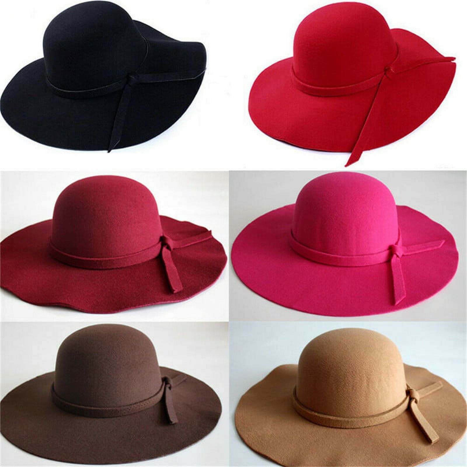 Puloru Elegant Wide Brim Sun Hat Bowler Hats Retro Ladies Wool Floppy Felt Fedora Hat - image 3 of 5