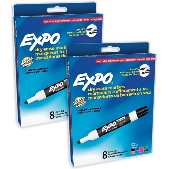 EXPO Low-Odor Dry Erase Markers, Chisel Tip, 8 Colors, 8 Per Pack, 2 Packs