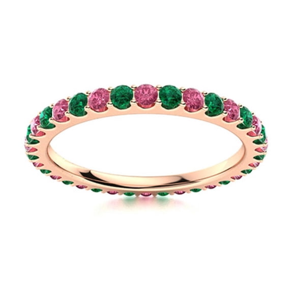 925 Sterling Silver Rose Plated Full Eternity Round Pink Topaz & Emerald Ring