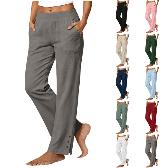 Linen Pants Women Petite Casual Straight Leg Pants Ladies Elastic Waist Pull On Trousers with Pockets,Cotton Soft Breathable ankle pants,Split Button Design Gray XL