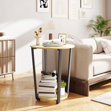 Skandiquip 17.7 Inch Diameter Round 2-Tier Accent Side Table Industrial End Table with Storage Shelf Wooden Top for Living Room Bedroom, Natural Oak