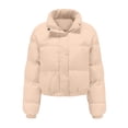 thumbnail image 5 of Mifsaly Womens Cropped Puffer Jacket Full Zip Stand Collar Regular Fit Warm Quilted Coat Casual Winter Padded Outerwear Khaki,M, 5 of 7