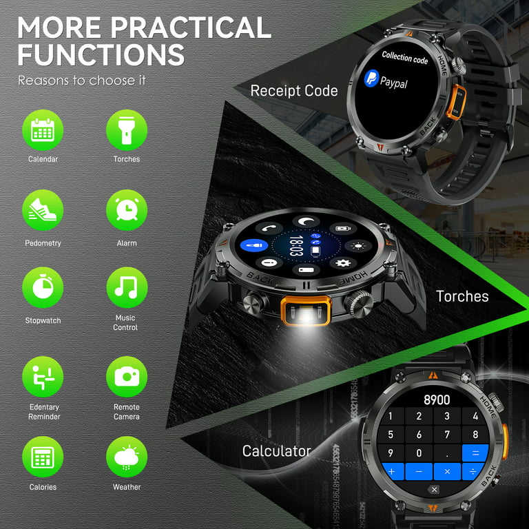 EIGIIS KE3 LED Flashlight Smart Watch Men Bluetooth Call Full Touch Sc