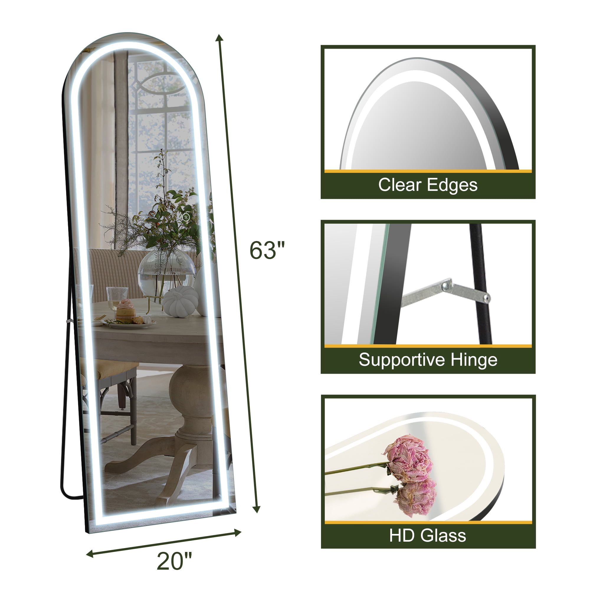 63"x20" Modern Arched Right Angle LED Full Length Mirror Floor Mirror with Bracket,Black