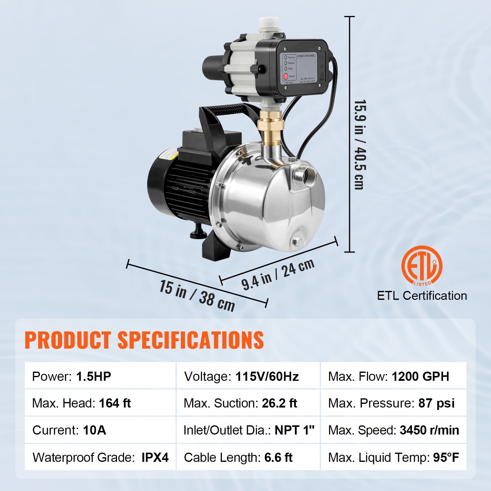 KFFKFF 1 HP Water Pump, 1200GPH 164ft Shallow Well Pump Portable Jet Pump w/ Auto Controller