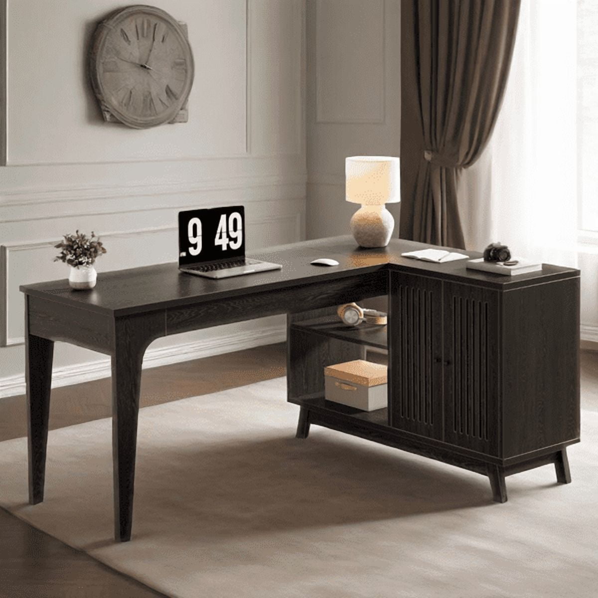 57-Inch L-Shaped Corner Desk - 41"W×19.6"D Work Surface, 2 Open Shelves & Lateral Cabinet - Modern Minimalist Design for Home Office
