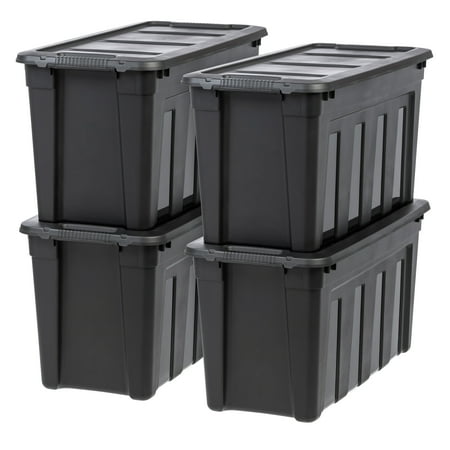 IRIS USA 31 Gallon Utility Totes with Easy-Grip Handles  4 Pack - Black  Heavy-Duty Durable Stackable Storage Containers  Large Garage Organizing Bins Moving Tubs  Rugged Sturdy Camping Equipment