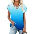 thumbnail image 6 of Charella Tops for Women Trendy Cross V Neck Petal Short Sleeve Shirts Gradient Color Basic Tee Casual Loose Clothes (3XL, Blue 2), 6 of 6