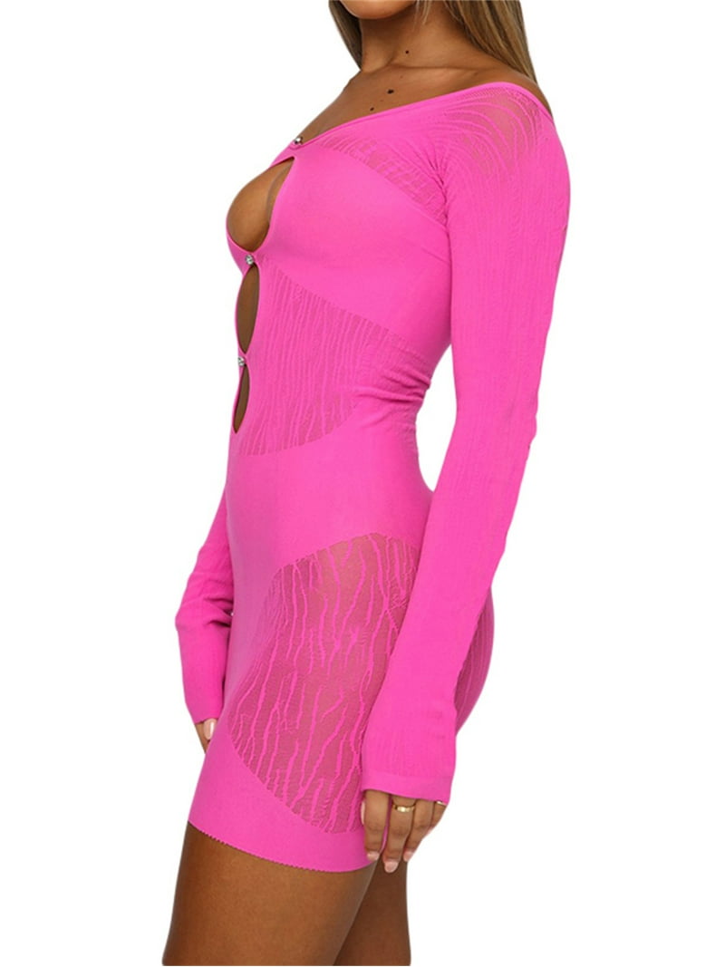 KOMOO Women Cutout Bodycon Dress Long Sleeve Sheer Mesh Short Dress Hollow  Patchwork Mini Dress - Walmart.com