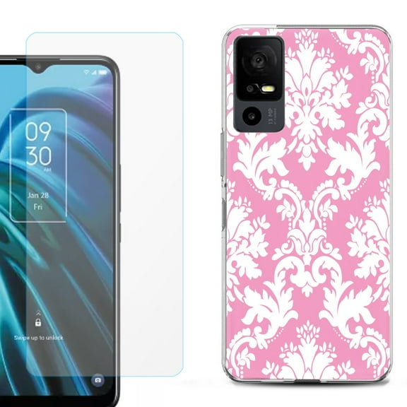 OneToughShield ® for TCL 40 XE 5G Shockproof Fashion Phone Case, with Tempered Glass Screen Protector - Victorian White/Pink