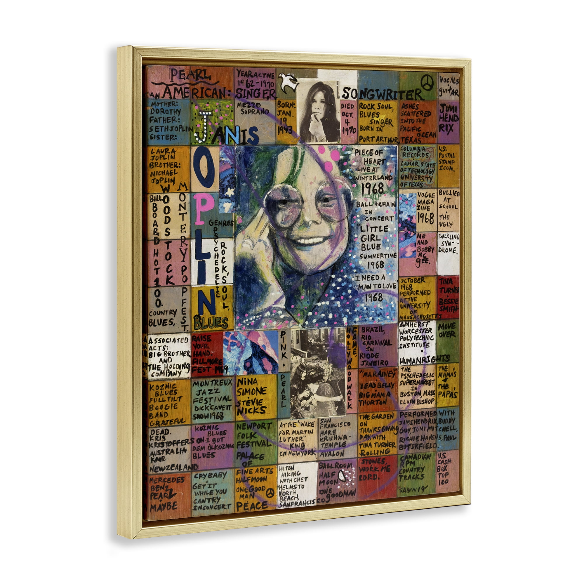 Stupell Industries Janis Joplin Collage People Drawing Gold Floater Framed Canvas Art Print Wall Art, 25 x 31