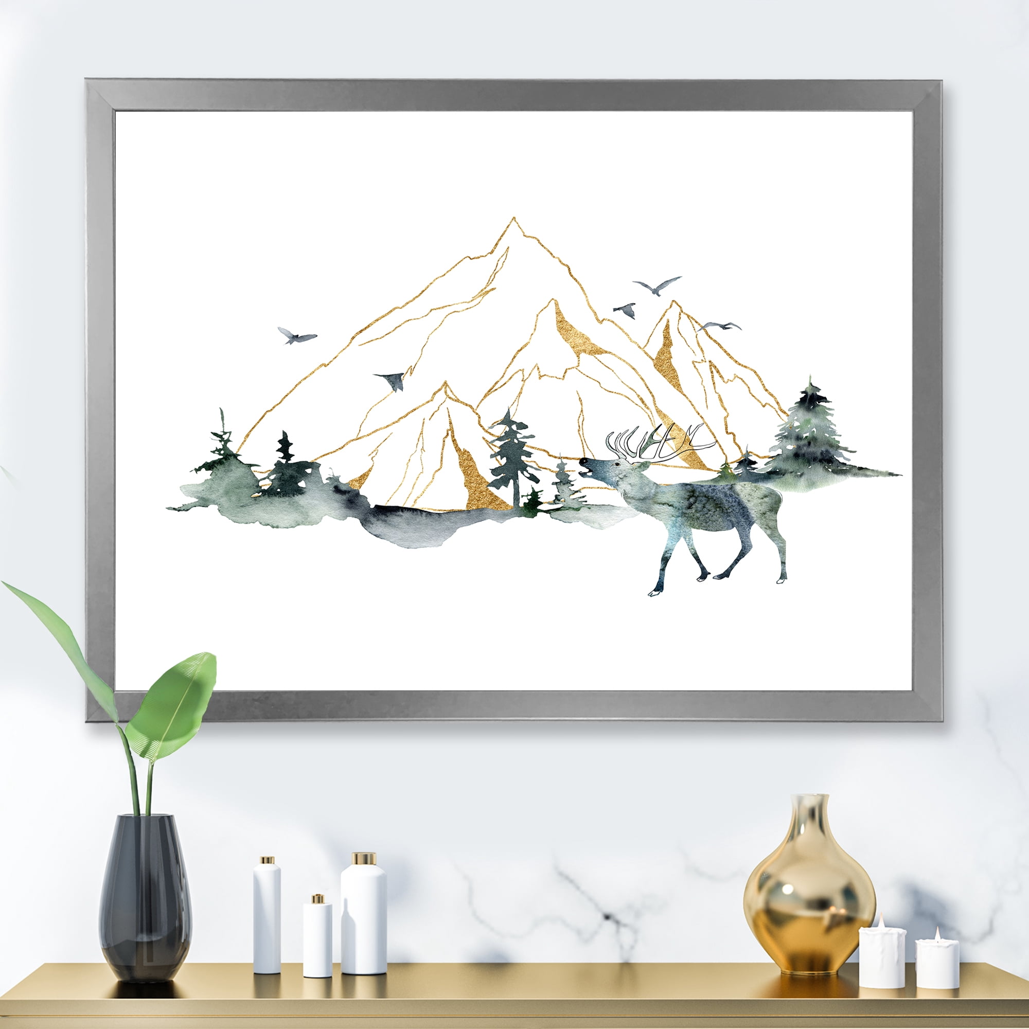 Designart 'Minimalistic Landscape of Forest Deer and Mountains' Modern Framed Art Print